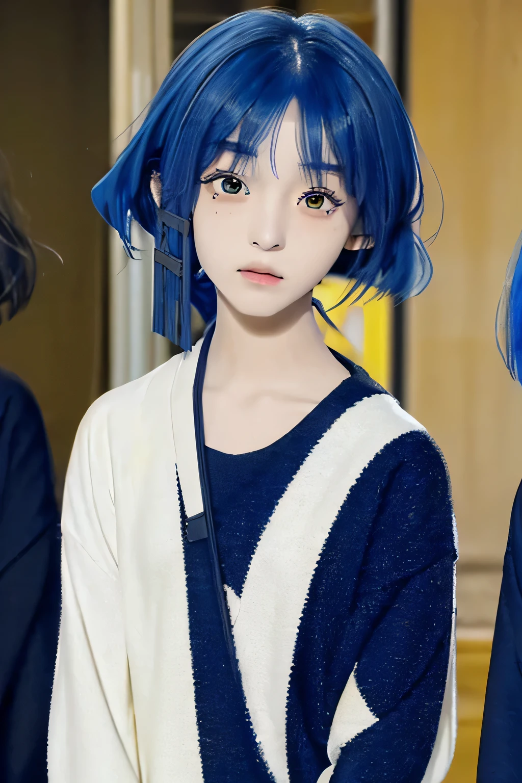 yamada ryo, hair ornament, black sweater, neck ribbon, masterpiece, best quality, absurdres, High schooler, soothing tones, muted colors, high contrast, (natural skin texture, hyperrealism, soft light, sharp), ryo yamada, blue hair, eyes visible through hair, mole, mole under eye, short hair, yellow eyes, hairclips,