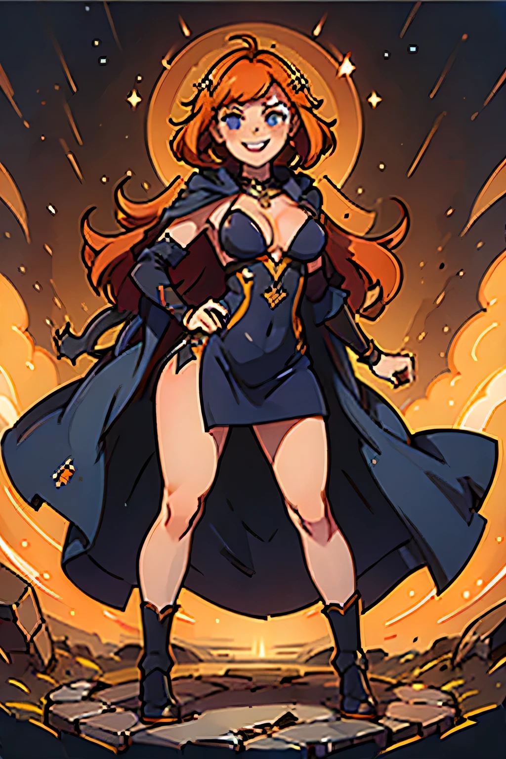 (((masterpiece))), (((best quality))), illustration, single character, game character, rpg character, female character, female necromancer. tall torso. athletic girl. skimpy. dark-blue dress with golden details and lines, long dress leg open. exposed legs. leather bracers. huge open cleavage, big gem necklace. tiny breasts. small titties. wide hips. perky butt. up turned hips. wavy short hair. flowing orange hair, olive eyes, sexy face expression. laughing smile. open hooded black cloak. orange hair. action pose. cosmic background, flat color background, anime character, 8k, awesome quality