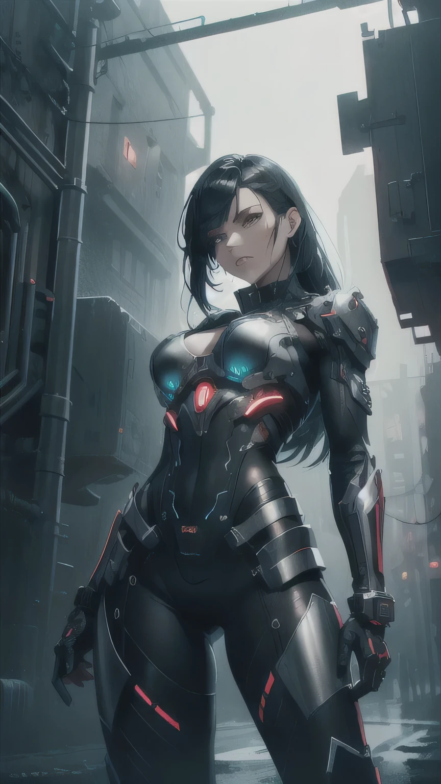 a beautiful woman cyborg warrior in the Style-RustMagic, cyberpunk augmentation, cyberware, cyborg, carbon fiber, chrome, implants, metal skull, Cyber plate armor, (dark atmosphere:1.2), (dark night:1.3), scars, (medium length dark tousled hair:1.1), (eyeshadow:1.1), (Beautifully detailed glow:1.2), (cinematic lighting), complex part, A high resolution, round eyes, detailed facial features, sharp focus, smooth, aesthetic, Detailed dark industrial factory background, stylish pose, dynamic pose, (opt-6000:0.9)