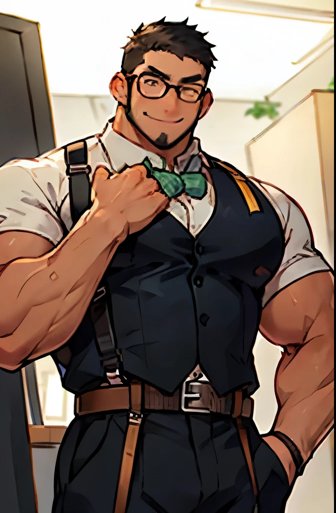 4k, masterpiece, high resolution:1.2, 1 man, solo, bara, muscular, big physique, crew cut hair, facial hair, chest, wide shoulder, biceps, thighs, triceps, butt, black hair, cute smile, friendly, standing in an office, wearing formal trousers, wearing formal stripes pattern office shirt, wearing glasses, upstairs office in the background, ultra detailed, shredded muscle, flat style (((wearing harness)))