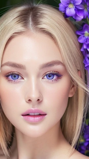 Beautiful white girl with nude lips looks to the camera. Stunning blonde girl. Young beautiful woman with a healthy clean skin. Symmetric face, symmetric eyes and deep violet eyes. Pretty woman with bright makeup of eyes.
