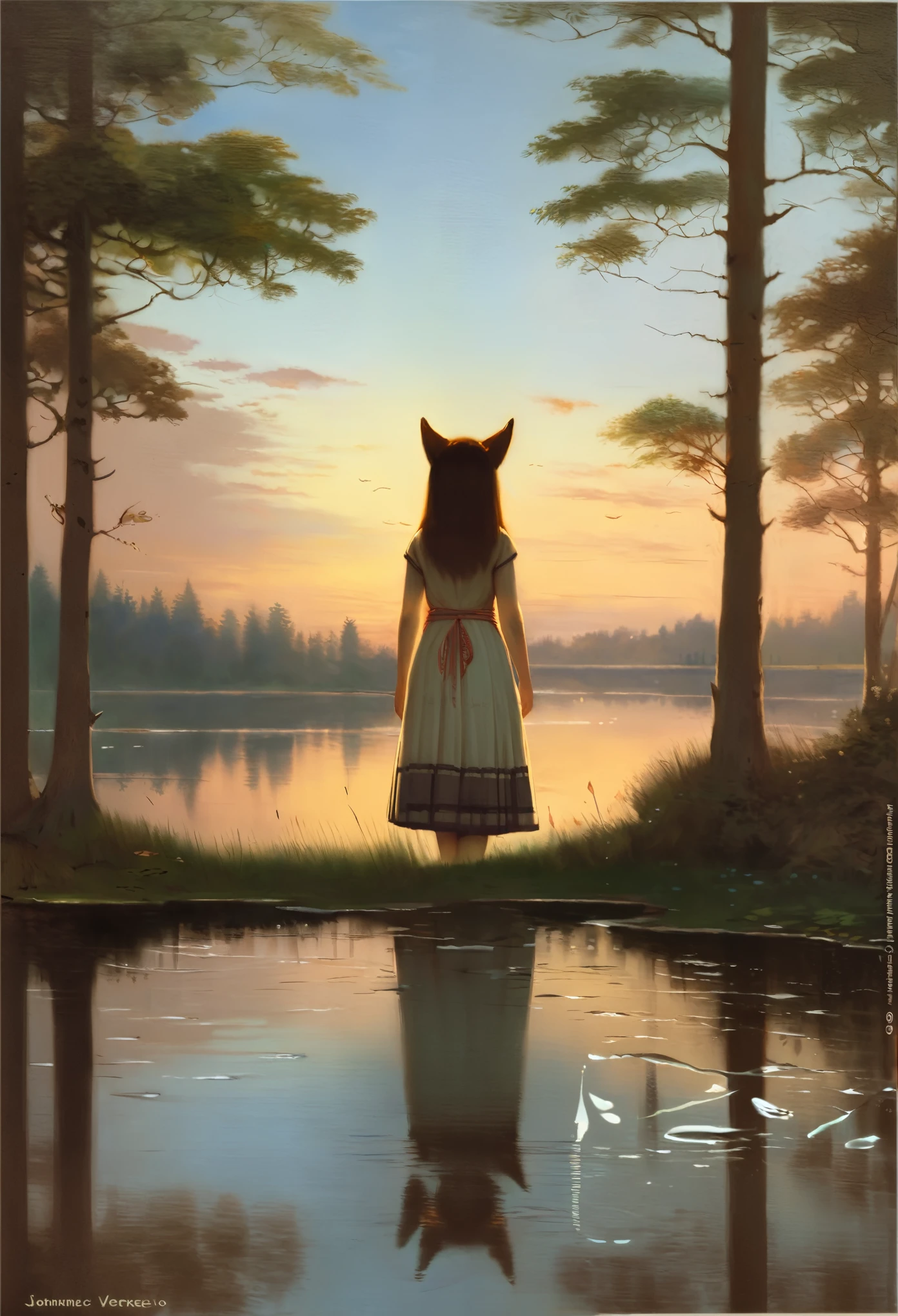High-quality illustrations by John William Waterhouse, by Johannes Vermeer, cover_page, highres, absurdres, detailed background, lake, dawn, detailed forest, clouds, Mysterious and romantic atmosphere, caustics surface(refraction, polarization:1.2)perfect anatomy(cute 1girl, single:1.4, kemono, solo focus, boy)volumetric lighting, Wet clothes, Water droplets, (furry anthro:1.7)(Furry body, dog facial features, dog body features)(very detailed body fur)full body, soft and delicate color palette, dramatic composition, deep shadow, dynamic lighting,