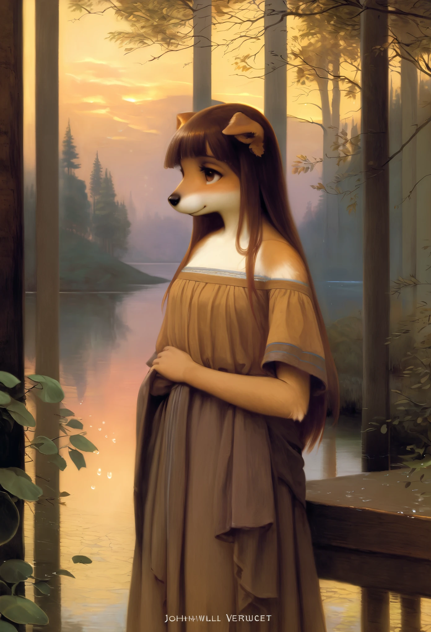 High-quality illustrations by John William Waterhouse, by Johannes Vermeer, cover_page, highres, absurdres, detailed background, lake, dawn, detailed forest, clouds, Mysterious and romantic atmosphere, caustics surface(refraction, polarization:1.2)perfect anatomy(cute 1girl, single:1.4, kemono, solo focus, boy)volumetric lighting, Wet clothes, Water droplets, (furry anthro:1.7)(Furry body, dog facial features, dog body features)(very detailed body fur)full body, soft and delicate color palette, dramatic composition, deep shadow, dynamic lighting,