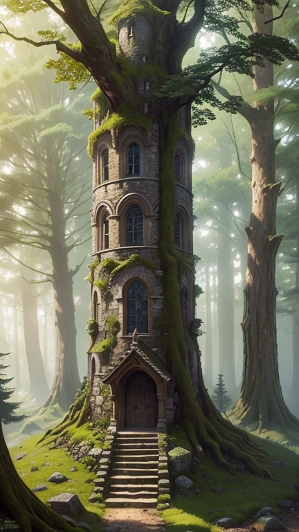 A medieval tower made of mossy stones stands on the edge of the forest, surrounded by centuries-old spreading oaks and spruce trees.; high quality textures, ultra-realistic environment, many small details, Intricate details, daylight, early morning, Slanting sun rays through foliage
