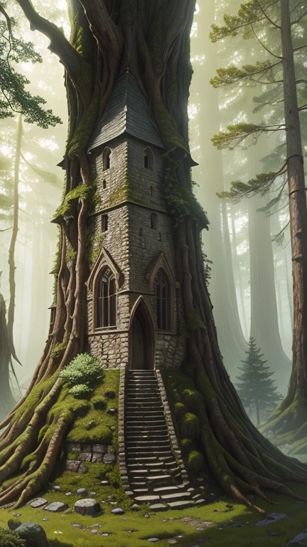 A medieval tower made of mossy stones stands on the edge of the forest, surrounded by centuries-old spreading oaks and spruce trees.; high quality textures, ultra-realistic environment, many small details, Intricate details, daylight, early morning, Slanting sun rays through foliage