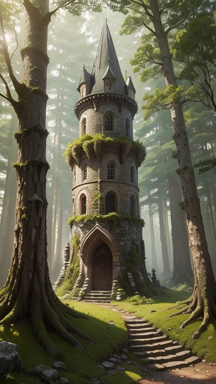 A medieval tower made of mossy stones stands on the edge of the forest, surrounded by centuries-old spreading oaks and spruce trees.; high quality textures, ultra-realistic environment, many small details, Intricate details, daylight, early morning, Slanting sun rays through foliage