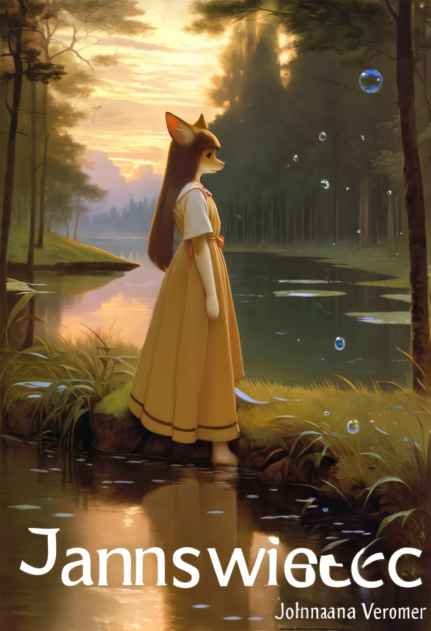 High-quality illustrations by John William Waterhouse, by Johannes Vermeer, cover_page, highres, absurdres, detailed background, lake, dawn, detailed forest, clouds, Mysterious and romantic atmosphere, caustics surface(refraction, polarization:1.2)perfect anatomy(cute 1girl, single:1.4, kemono, solo focus, boy)volumetric lighting, Wet clothes, Water droplets, (furry anthro:1.7)(Furry body, dog facial features, dog body features)(very detailed body fur)full body, soft and delicate color palette, dramatic composition, deep shadow, dynamic lighting,