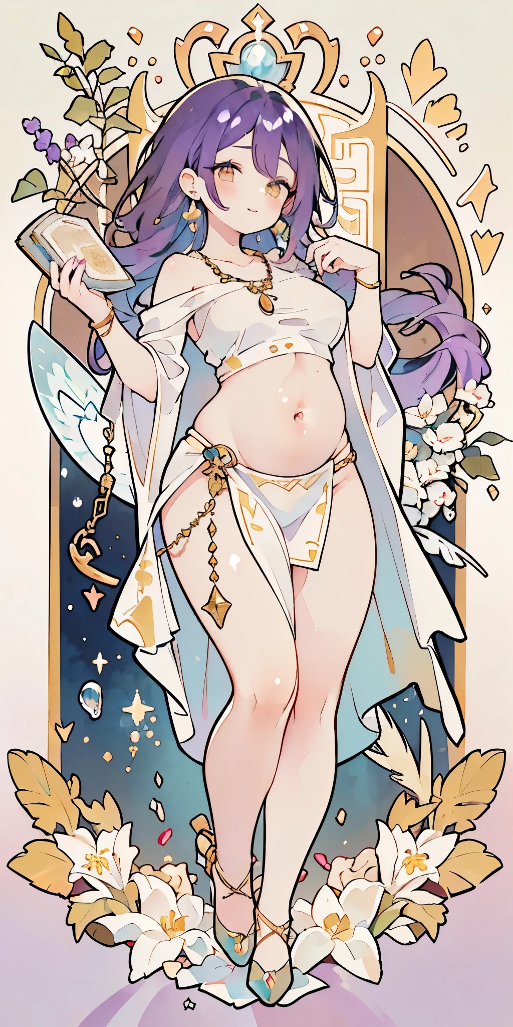 (((purple hair))), Mr.々hairstyle, sword士, absurdres, highres, ultra detailed, beautiful, masterpiece, best quality, (1girl:1.2), Medieval, ((tarot)), bard, dancer, bare bare shoulders, cane, sword, shield, crystal, Gather Dresses, coat four, ((Lightweight clothes, Backless cloths, hair chain, earrings, sunscreen, pumps, heel shoes, waist jewelry, belly chain, body accessories)), symbolism, Visual art, occult, universal, vision casting, philosophy, iconography, numerology, Popularity, art, Alphonse Mucha, perfect hands, perfect feet, (fullbody), myth, goddess, fold your hands in front of your chest, ((ultra-detailed face), (cute eyes), ((thicc)), Hair color gradient, accurate focus, (upturned eyes :1.5), long hair, yellow eyes, Beautiful Girls in Anime , ((purse your lips, Throw kiss, flirty smile)), (shiny body:1.8)、big breasts、full of embarrassment、(Ahegao:1.5)