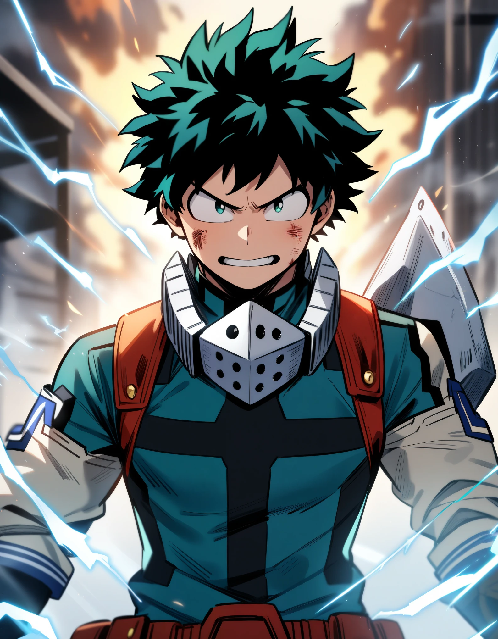 3 boy, male focus, midoriya izuku, boku no hero academia, injury, electricity,, masterpiece, best quality, very aesthetic, absurdres