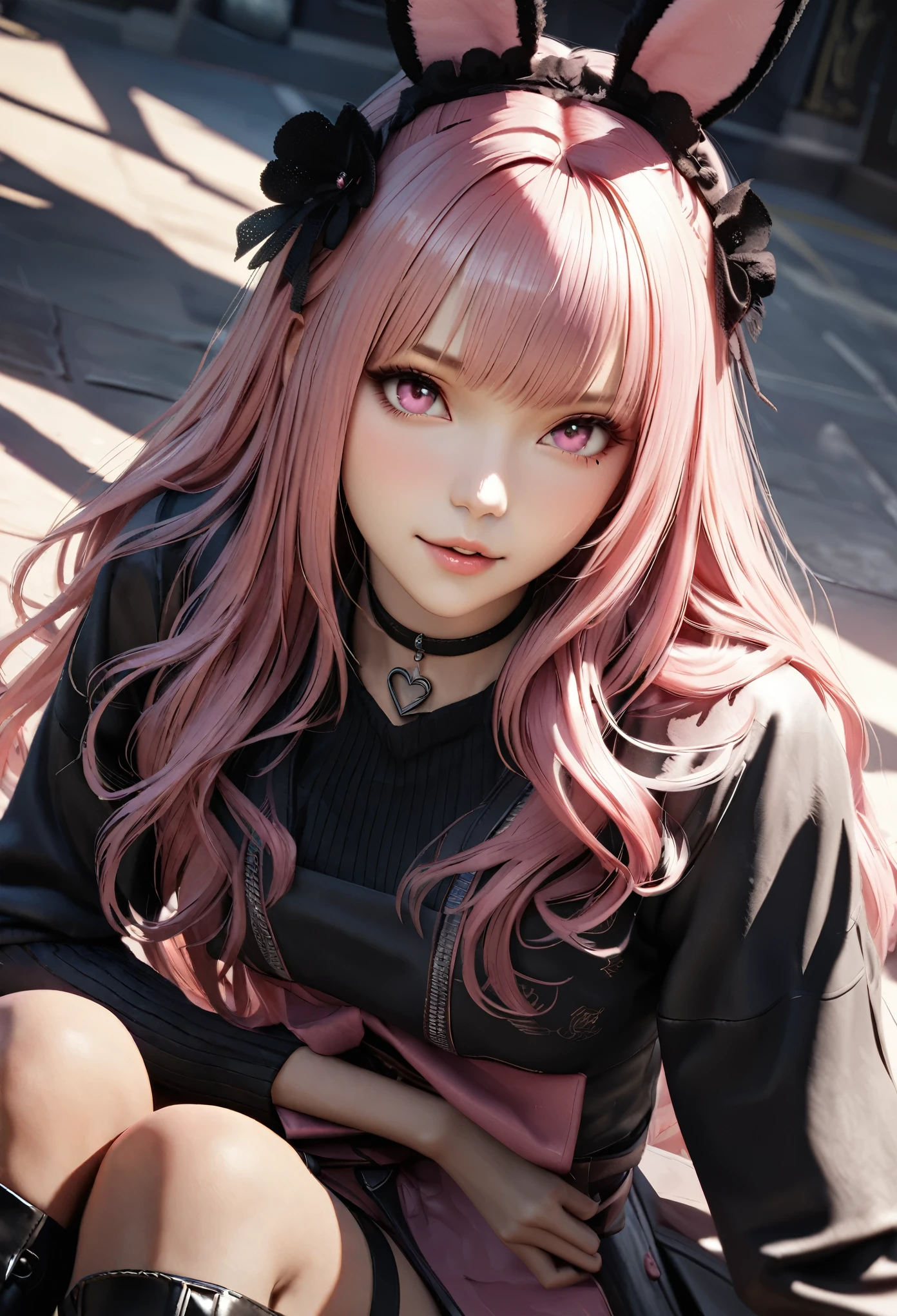 top quality, highest quality, super detailed, hi-res, high resolution, HDR, 4k, 8K, unity 8K wallpaper, detailed CG, masterpiece, realistic, photorealistic, 2D, 3D, beautiful detail, depth, fine Texture , Ultra-fine: 1.3, Fully concentrated, Crispy skin, He,
Very cute anime girl with medium long hair in a pink ,black jumper,miniskirt,knee high boots, like a doll, smile,solo girl,her name is Rikousa, alone, pink hair, animal ears, mole under the eyes, looking at viewer, blushing, mole, bunny ears, parted lips, hairpiece, heart, pink eyes, choker