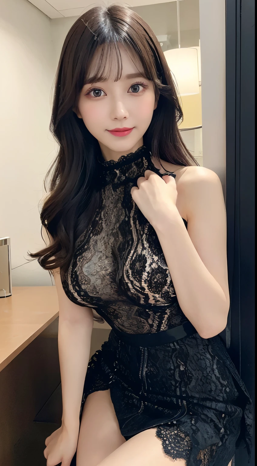 (High neck all lace costume、ample breasts、get sexually excited、Stick your legs out of your lace skirt、very thin waist、light colored lace costume)、(bold sexy pose、no makeup、detailed double eyelids、perfect detailed eyes、Big eyes、beautiful and detailed face)、bright look、highest quality、High resolution、Super detailed、caustics、japanese girl、one woman、smile、cute、black hair、、Depth of the bounds written、chromatic aberration、blur the background、zipper
