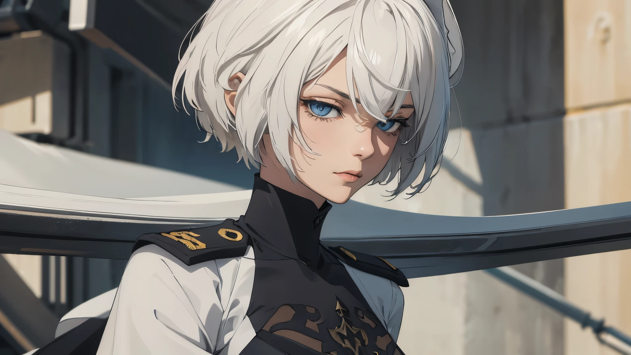 extremely detailed CG unity 8k wallpaper), (masterpiece), (best quality), (ultra-detailed), (best illustration), (best shadow), (absurdres) ,(detailed eyes), 2b, 1girl, short hair, white hair, solo, Intimidating women, admiral uniform, night, hero pose, white clothes, General Uniform, Military Uniform, Sunlight, exposed to sunlight,commander, fighting pose, wearing cape