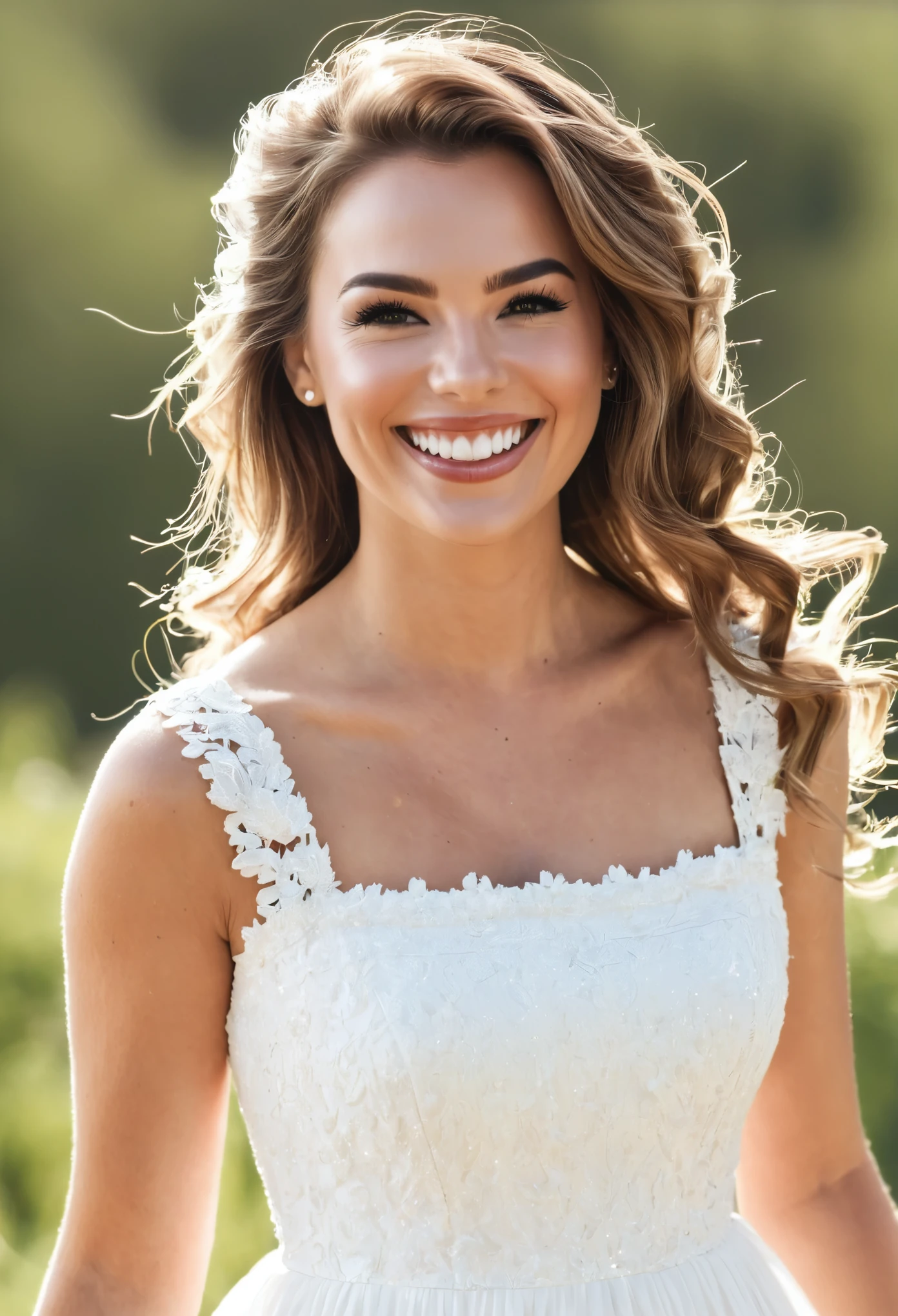 a beauty，Wearing a white dress，Smiling