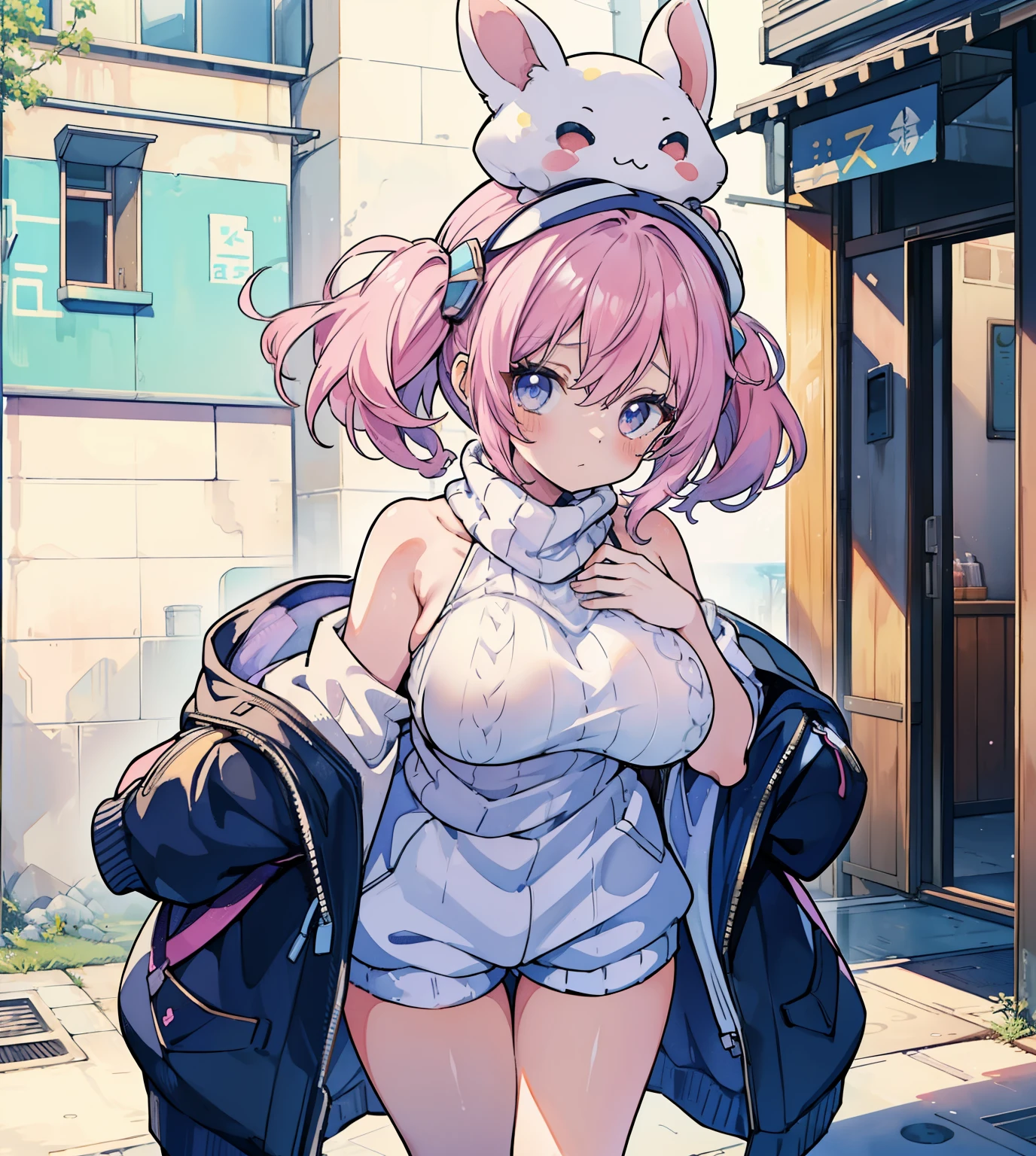 1 girl,(, short stature),animesque、Young and cute idol face、(Lorioppai)(Clothed big breasts ,  breasts,Mi Hot Pants）Double piece with hands raised (WatercolorPrivate Services, Shoulder Knitwear,Shoulders exposed、Back exposure） Huge breasts,