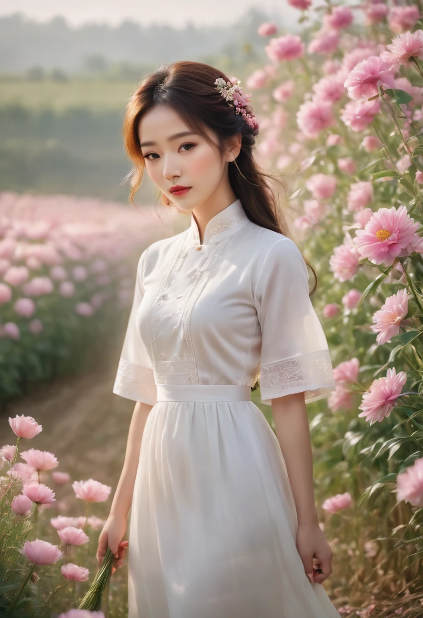 a beautiful girl in white aodai , masterpiece, best quality, realistic:1.3,in a field of flowers, holding bundle of flowers, sunlight, backlighting, emotional depth, flowers, flower fields, bloom, ultra detailed, film grain,hazy light and shadow, aestheticism, melancholic film