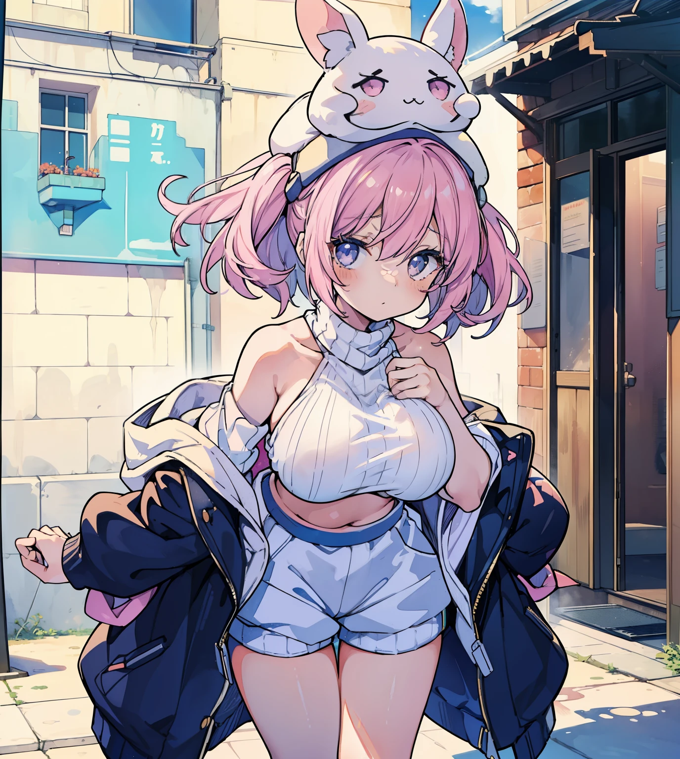 Very beautiful and shining eyes、shining eyes、((1 girl))、small breasts、big mouth、high school girl、small breasts、Cat ear、Transparent pink short hair、scarf、hot pants、transparent clothes、childish clothes、7  girl,naked