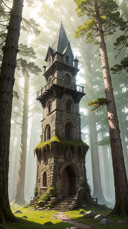 A medieval tower made of mossy stones stands on the edge of the forest, surrounded by centuries-old spreading oaks and spruce trees.; high quality textures, ultra-realistic environment, many small details, Intricate details, daylight, early morning, Slanting sun rays through foliage