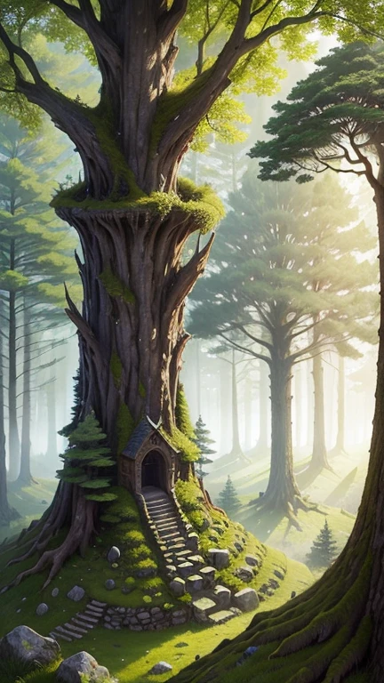 A medieval tower made of mossy stones stands on the edge of the forest, surrounded by centuries-old spreading oaks and spruce trees.; high quality textures, ultra-realistic environment, many small details, Intricate details, daylight, early morning, Slanting sun rays through foliage 