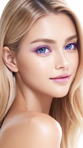 Beautiful white girl with nude lips looks to the camera. Stunning blonde girl. Young beautiful woman with a healthy clean skin. Symmetric face, symmetric eyes and purple eyes. Pretty woman with bright makeup of eyes.
