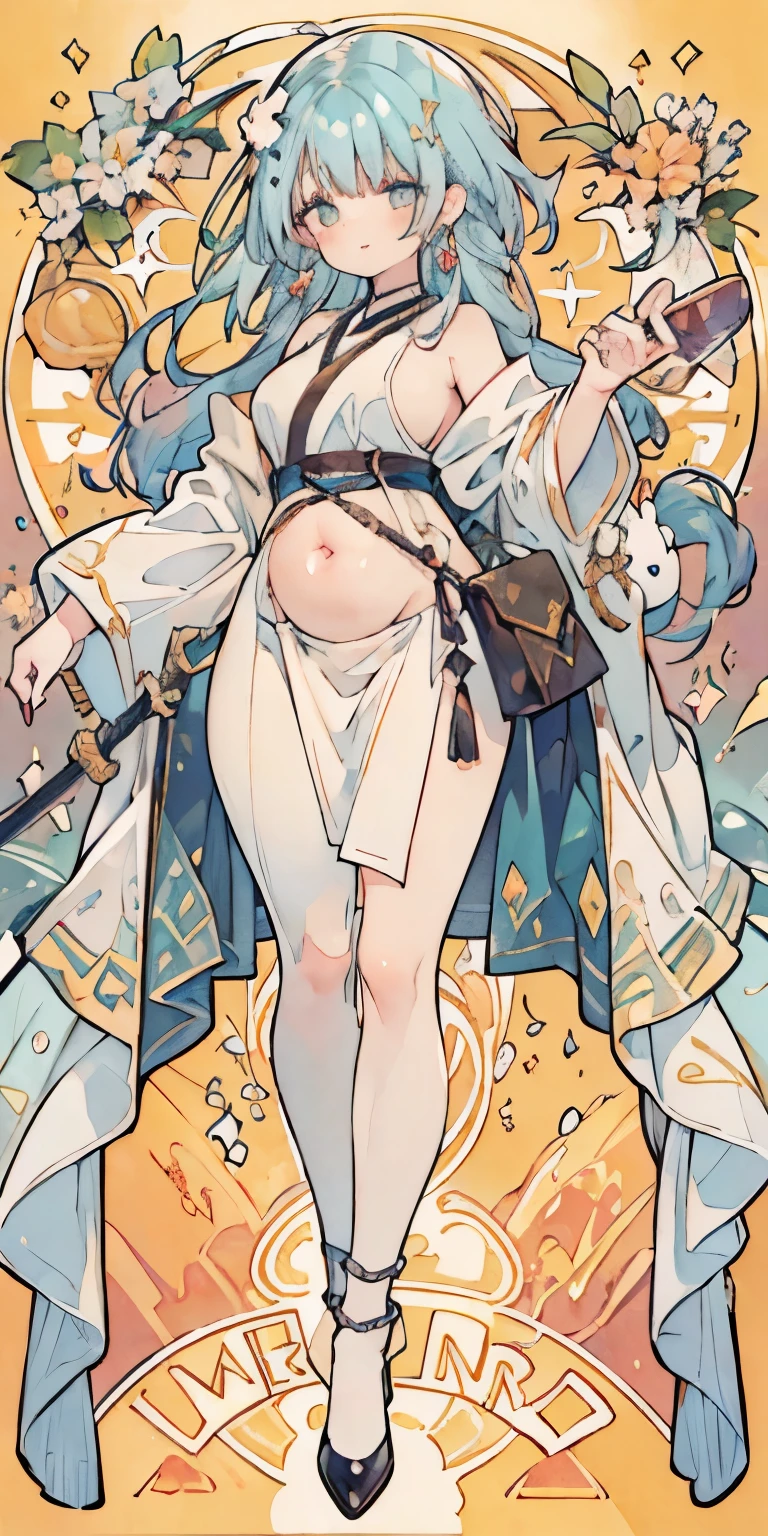(((Mr.々colored hair))), Mr.々hairstyle, dancer, absurdres, highres, ultra detailed, beautiful, masterpiece, best quality, (1girl:1.2), Medieval, ((tarot)), bard, dancer, bare bare shoulders, cane, sword, shield, crystal, Gather Dresses, coat four, ((Lightweight clothes, Backless cloths, hair chain, earrings, sunscreen, pumps, heel shoes, waist jewelry, belly chain, body accessories)), symbolism, Visual art, occult, universal, vision casting, philosophy, iconography, numerology, Popularity, art, Alphonse Mucha, perfect hands, perfect feet, (fullbody), myth, goddess, fold your hands in front of your chest, ((ultra-detailed face), (cute eyes), ((thicc)), Hair color gradient, accurate focus, (upturned eyes :1.5), long hair, yellow eyes, Beautiful Girls in Anime , ((purse your lips, Throw kiss, flirty smile)), (shiny body:1.8)、big breasts、full of embarrassment、(Ahegao:1.5)