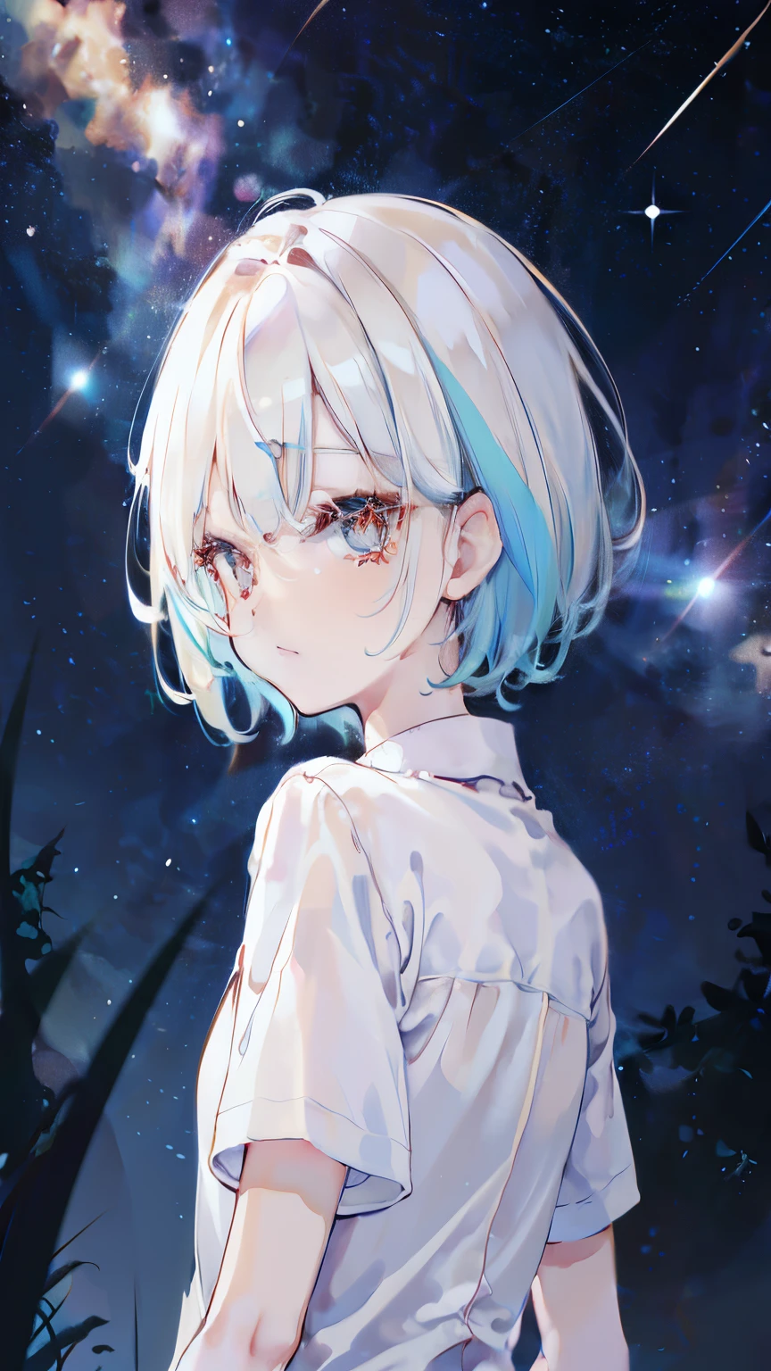 white short hair,girl,Colored pupils,Wears a white long-sleeved shirt,Only the upper body is visible,Look back at me,night background