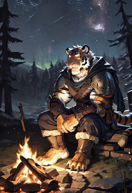 solo, kemono, (tiger), anthro, male, scales, tail, muscles, handsome, armor, medieval, fantasy, outdoors, outside, dark, night, forest, campfire, camp, stars, sitting, toe claws, epic, depth of field, perfect lighting, (light particles),(best quality),(masterpiece),(ultra detailed),sharp focus,light particles, big dick