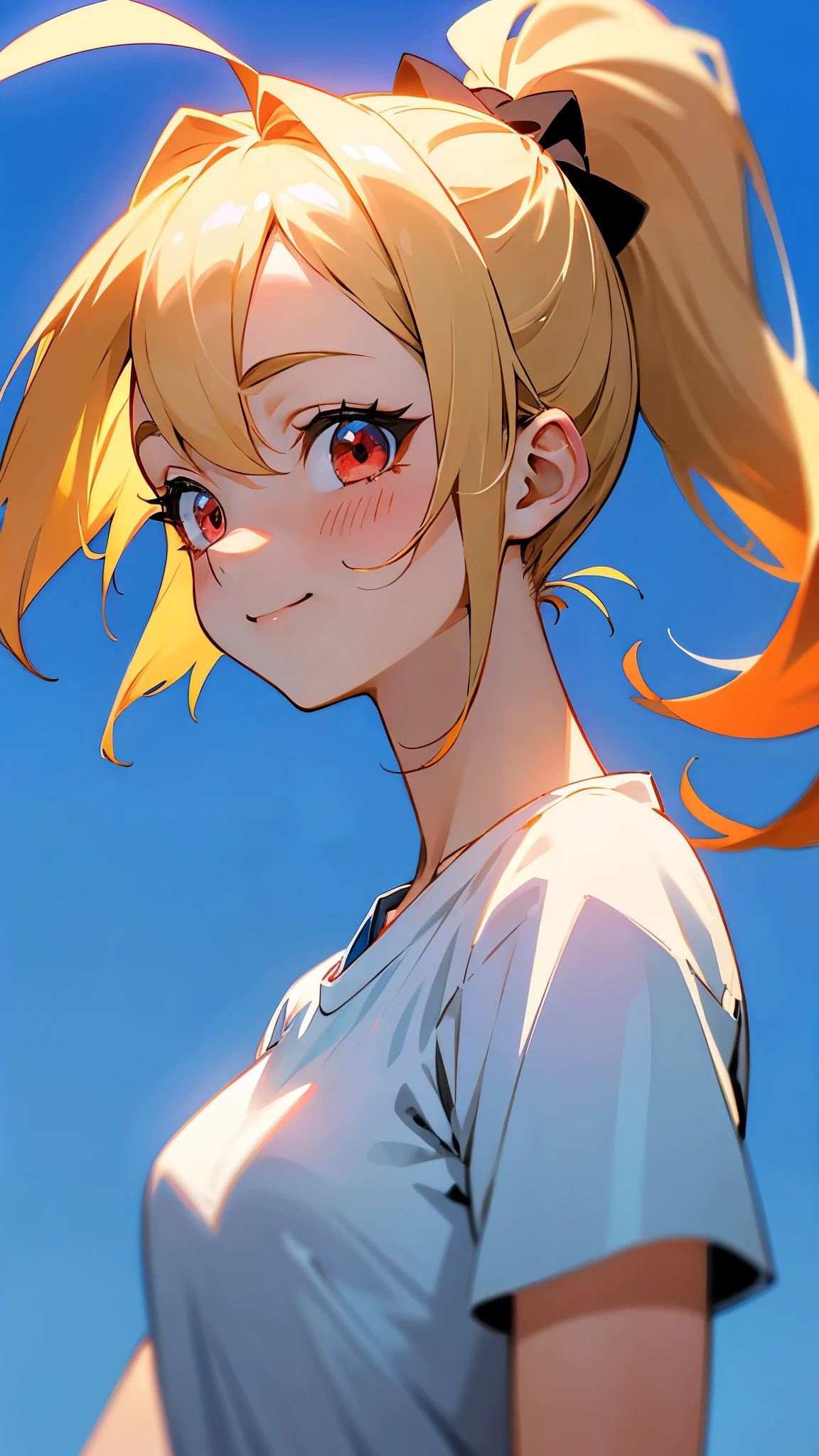 1 girl、Anime-like depiction、blonde ponytail、Ahoge、round red eyes、blue sky、Dark blue background, white t-shirt、smile、From the side、upper body close-up