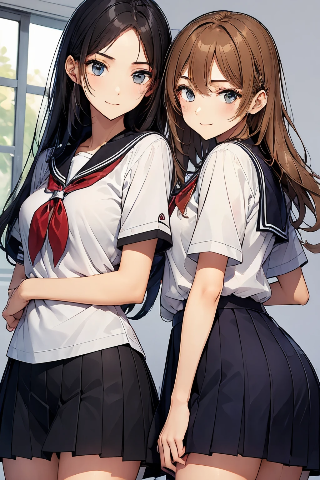 Two high school girls playing with each other、seductive smile、classroom
