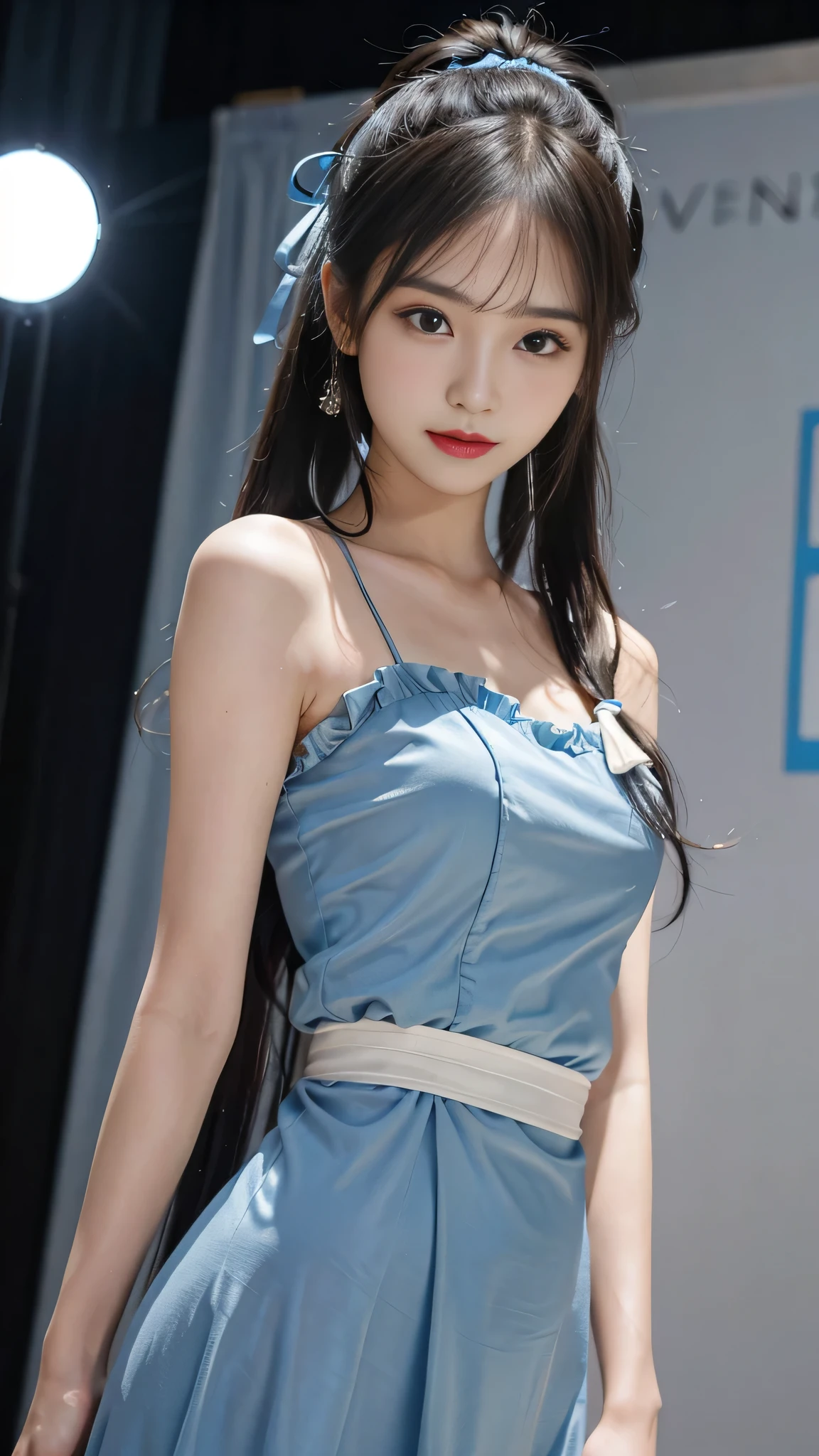 Girl posing for photo in Japanese school uniform, in classroom, wet skin, slightly curly shoulder-length hair, cute, upper body, blue and white, streamers, blue short skirt, suspender stockings, slave neck ring, slim body, oversized bust, slim girl model, 18-year-old female model,