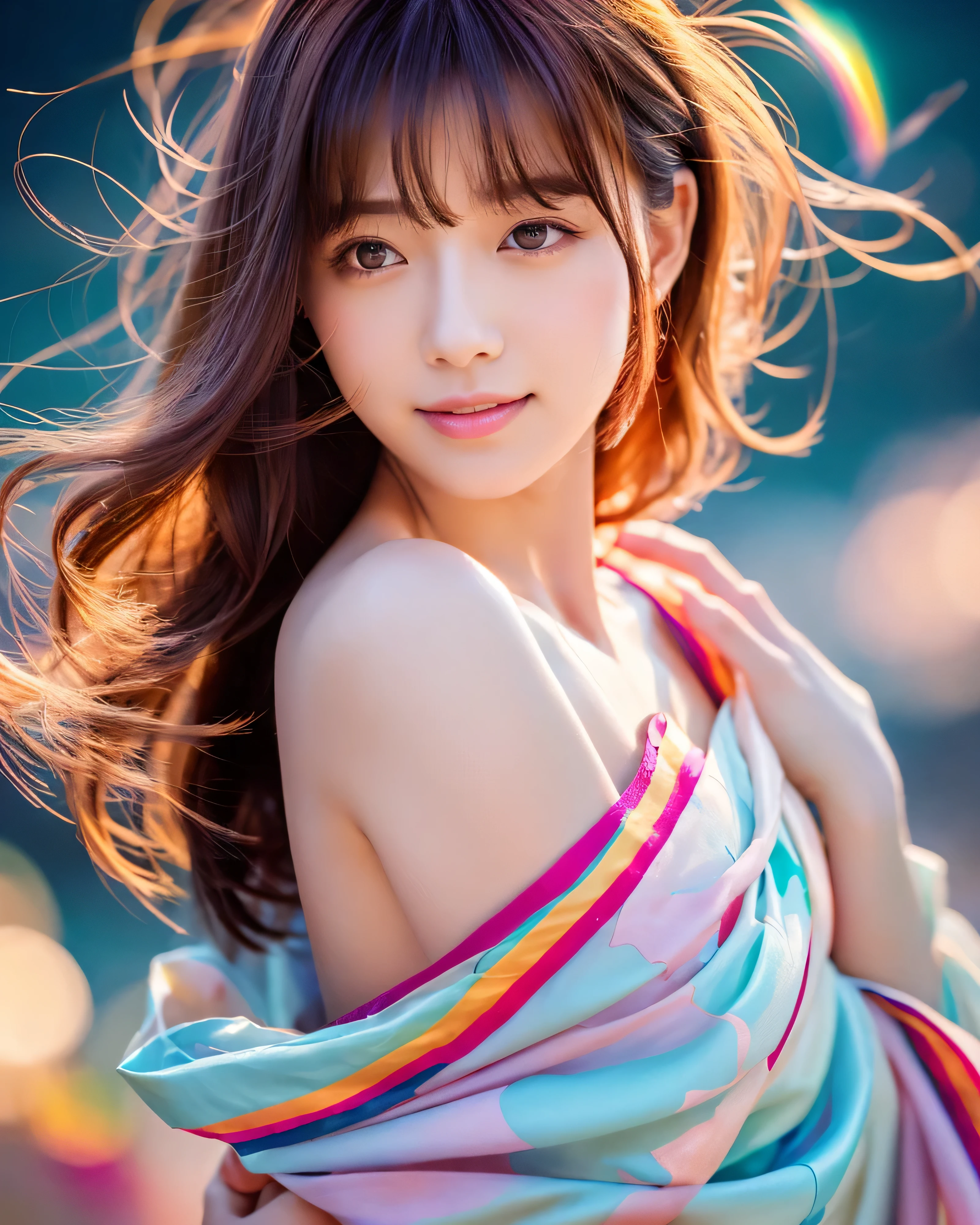 (highest quality, 32k, High resolution, masterpiece:1.5,), Haunting fantasy portrait in abstract style, ((In a swirl of fantastic pastel colors and soft light)), Evoking a sense of soothing tranquility and elusive beauty, Award-winning masterpiece with amazing details, cute japanese woman, perfect human anatomy, big magical eyes, fleeting smile, ((shiny and detailed red hair)), Long straight hair tousled by the wind, Beautiful asymmetrical bangs, hair between eyes, smooth and soft skin, thin eyebrows, clear double eyelids, pale pink lips, ((naked, Wrap your body in a transparent silk cloth)), High resolution perfect clavicle, Beautiful chest in high resolution, Slender body with plump breasts, ((Colorful sparkling light effects:1.3)), Sea of night, full moon, Moonlit, professional lighting, professional photographer, Professional models,mysterious