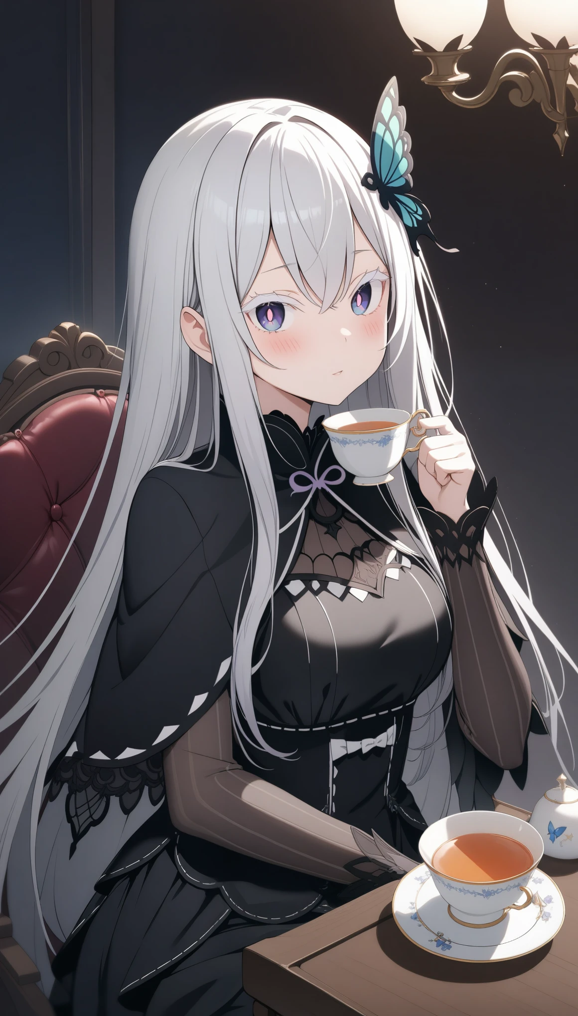 (masterpiece, best quality, very aesthetic, ultra detailed), intricate details,
1girl, echidna \(re:zero\), re:zero kara hajimeru isekai seikatsu, white hair, colored eyelashes, white eyelashes, bright pupils, violet eyes, long hair, sidelocks, black capelet, black dress, layered dress, butterfly hair ornament, chair, table, cup, tea, teacup, teapot, sitting, blush,