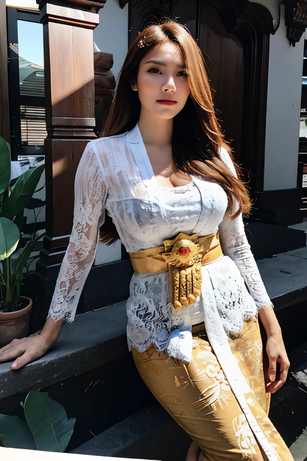 Hyperrealist portrait of female indonesian big breast topless wearing opened white balinese kebaya, long wavy blonde hair, by david hockney and alphonse mucha, fantasy art, photo realistic, dynamic lighting, artstation, poster, volumetric lighting, very detailed faces, 4 k, award winning,, 1girl, in the dark, deep shadow, low key, super details, view full body modeling pose