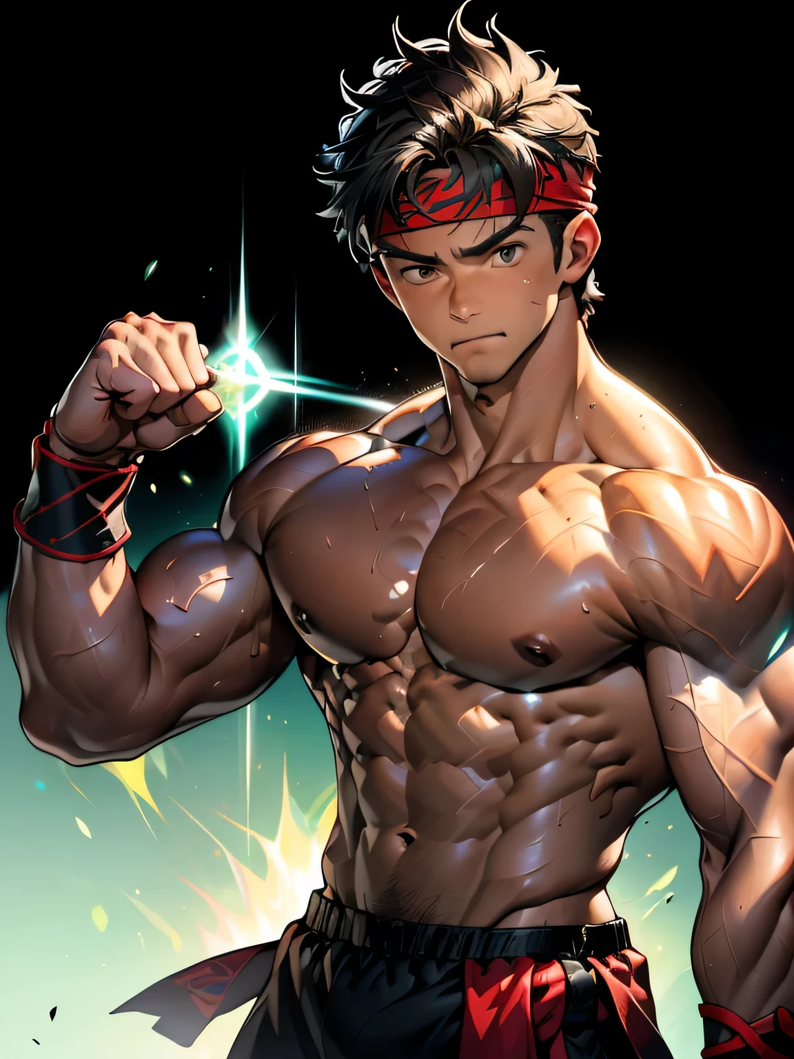 (Masterpiece, Best quality 19 year old boy, simple background, random shot), solo, Young, boy, muscler, Shirtless, topless, (Dark Short straight hair, under cut, brown eyes), (red headband, ((black wristband))), Vivid colors, (hot Abs:1.2, abs!, big abs, big breast:1.2, chest!, muscler upper arms, mighty fist), (topless male), closed mouth, serious, muscler!, muscler body, Man with martial arts stance, (aura power:1.4), detailed face, detailed muscle, (((A magical aqua mystical aura graces his upper body, random fighting pose)))