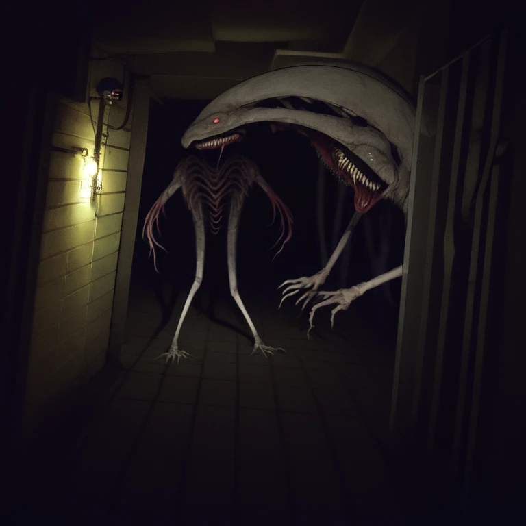 trevor henderson, creature, large maw, darkness, deep shadows, in basement, looking straith to the viewer, white glowing eyes, dot eyes, big glowing smile, scary looking,dripjacket, own hands together