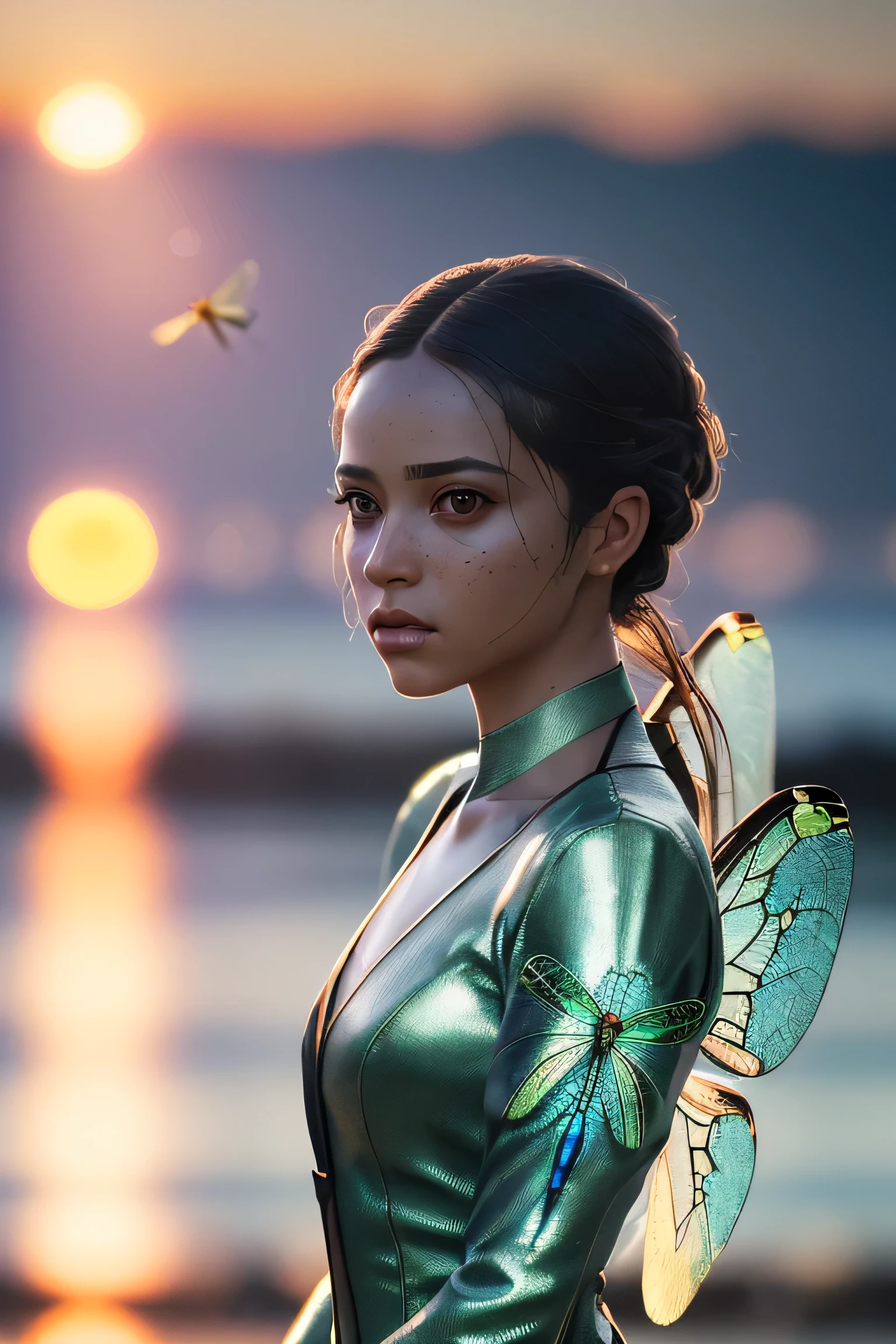 (masterpiece), (very complicated:1.3), (realistic), girl portrait, the most beautiful in the world, (dragonfly-like wings), scale powder reflection, outdoor, intense sunlight, distant shore, Stunning female professional photo details, sharp focus, dramatic, Award history, cinematic lighting, Octane Rendering Unreal Engine, volumetrics dtx, (film grain, blurred background, blurred foreground, Bokeh, Depth of the bounds written, sunset, motion blur:1.3), thin clothing