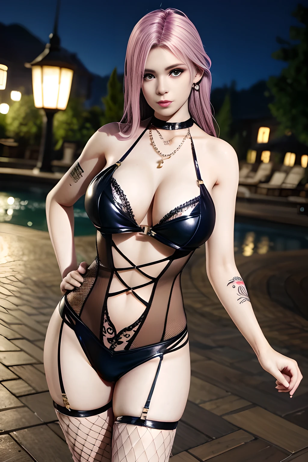 1 girl,standing posture,((halter neck, bare shoulders, pantyhose, bodysuit, see-through,lingerie, fishnets)), outdoor,elegant,nighttime,moonlighe,shiny skin,( huge breasts:1.1), lip gloss,( tattoos:1.3), masterpiece, best quality, realistic ,Rich artistic colors, 8K,soft shadows,Portrait art,solo,  elise,