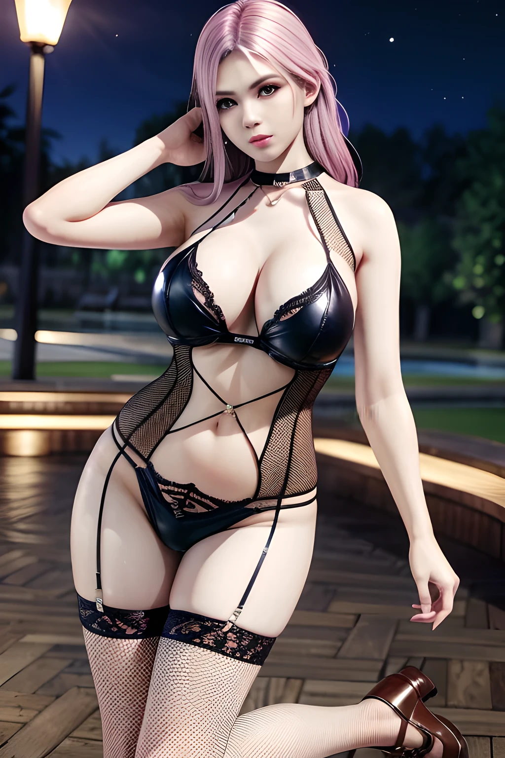 1 girl,standing posture,((halter neck, bare shoulders, pantyhose, bodysuit, see-through,lingerie, fishnets)), outdoor,elegant,nighttime,moonlighe,shiny skin,( huge breasts:1.1), lip gloss,( tattoos:1.3), masterpiece, best quality, realistic ,Rich artistic colors, 8K,soft shadows,Portrait art,solo,  elise,