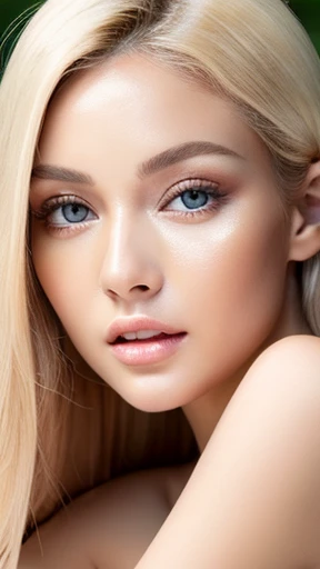 Beautiful female with nude lips looks to the viewer. Stunning blonde female. Beautiful female with a healthy clean skin. Symmetric face, symmetric eyes. Beautiful female with bright makeup of eyes.