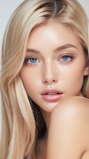 Beautiful female with nude lips looks to the viewer. Stunning blonde female. Beautiful female with a healthy clean skin. Symmetric face, symmetric eyes. Beautiful female with bright makeup of eyes.