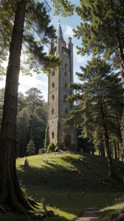 A medieval tower made of mossy stones stands on the edge of the forest, surrounded by centuries-old spreading oaks and spruce trees.; high quality textures, ultra-realistic environment, many small details, Intricate details, daylight, early morning, Slanting sun rays through foliage