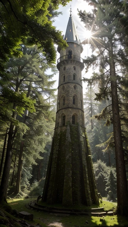 A medieval tower made of mossy stones stands on the edge of the forest, surrounded by centuries-old spreading oaks and spruce trees.; high quality textures, ultra-realistic environment, many small details, Intricate details, daylight, early morning, Slanting sun rays through foliage