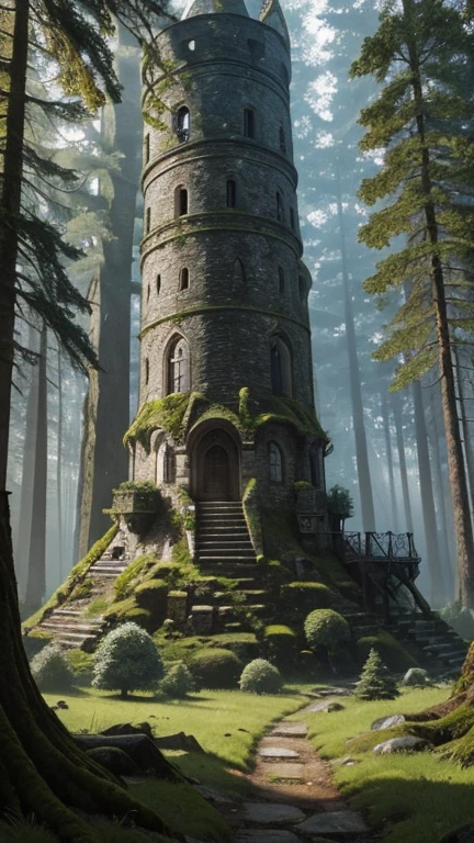 A medieval tower made of mossy stones stands on the edge of the forest, surrounded by centuries-old spreading oaks and spruce trees.; high quality textures, ultra-realistic environment, many small details, Intricate details, daylight, early morning, Slanting sun rays through foliage
