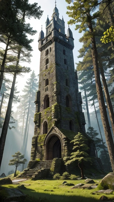 A medieval tower made of mossy stones stands on the edge of the forest, surrounded by centuries-old spreading oaks and spruce trees.; high quality textures, ultra-realistic environment, many small details, Intricate details, daylight, early morning, Slanting sun rays through foliage 