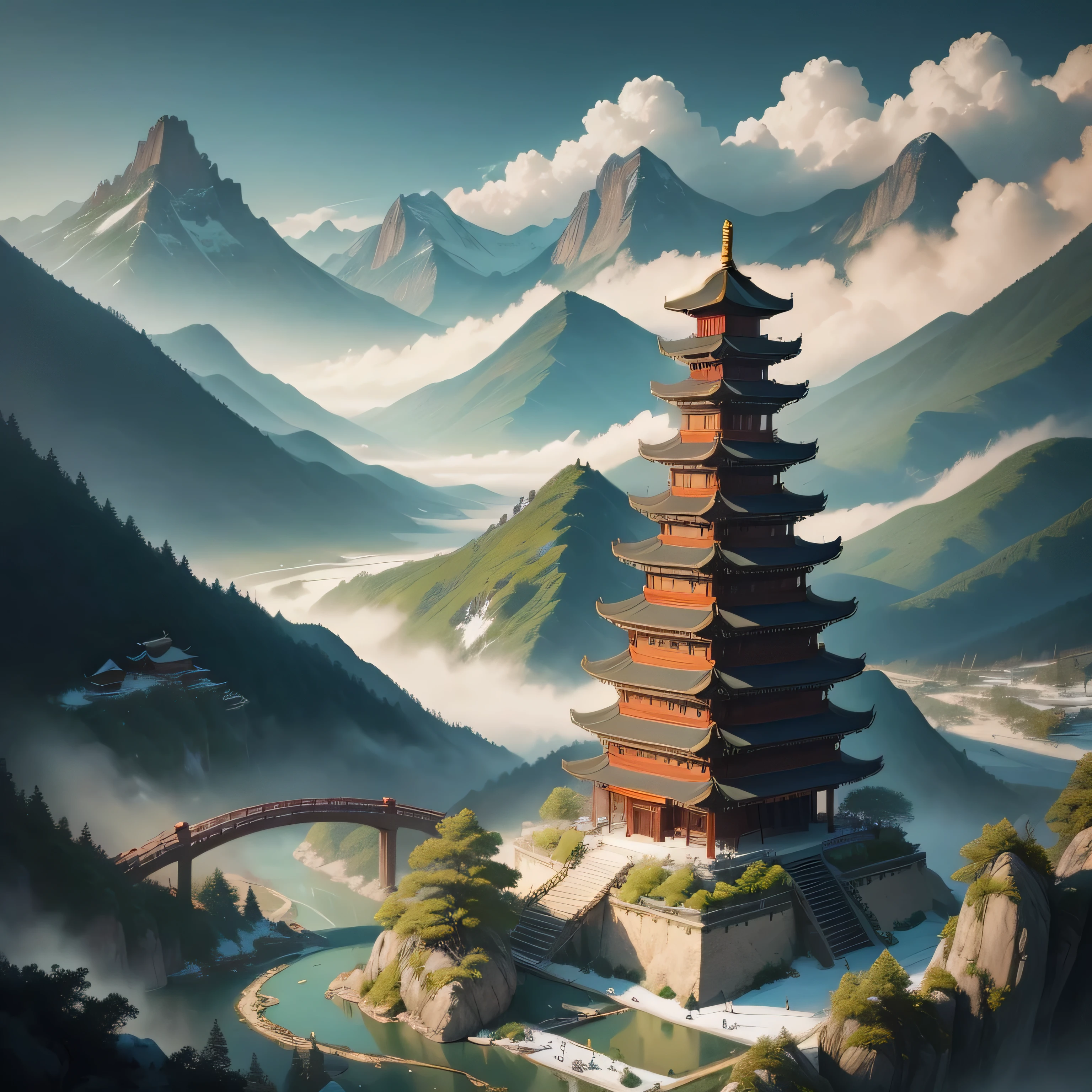 a chinese painting, Chinese background, snow mountain, river, Xiangyun, Exhibition hall covered with snow, Sunlight, masterpiece, Super details, epic work, ultra high definition, high quality, Very detailed, official art, unified 8k wallpaper, Super details, 32k -- v 6,(covered with snow:1.5)