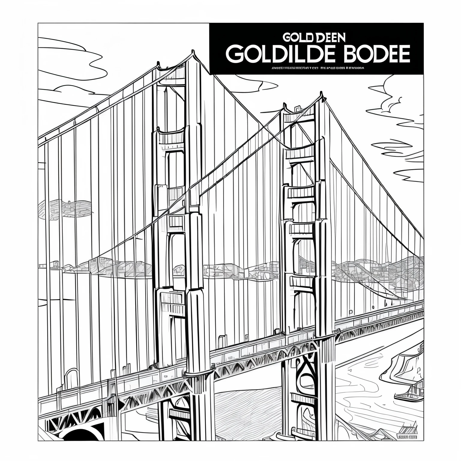 The Golden Gate Bridge (San Francisco), kawai style cartoon coloring page kids, cartoon style, clean line art high detailed, no background, white, black, coloring book, sketchbook, realistic sketch, free lines, on paper, chacter sheet.