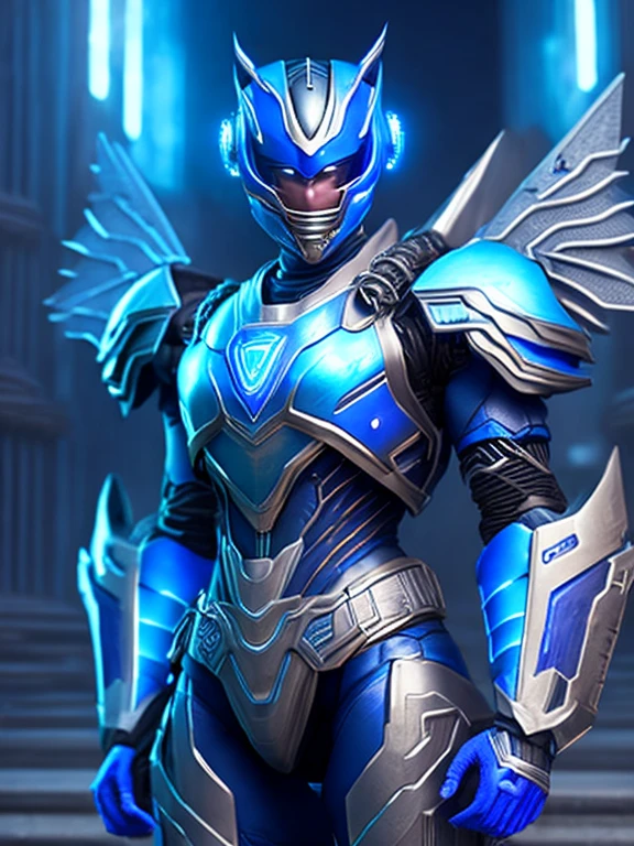 Portrait, Blue Ranger from Power Rangers, biomechanical, complex robot, full growth, hyper-realistic, insane fine details, extremely clean lines, cyberpunk aesthetic, masterpiece unveiled at Zbrush Central, gothic brutalist cathedral, cyberpunk, award-winning photo, bokeh, neon lights, cybernetic limb.to create a new design weapons to Bow to fish to super powerfull weapons to Bow to blue colour super powerfull suits to weapons Bow 