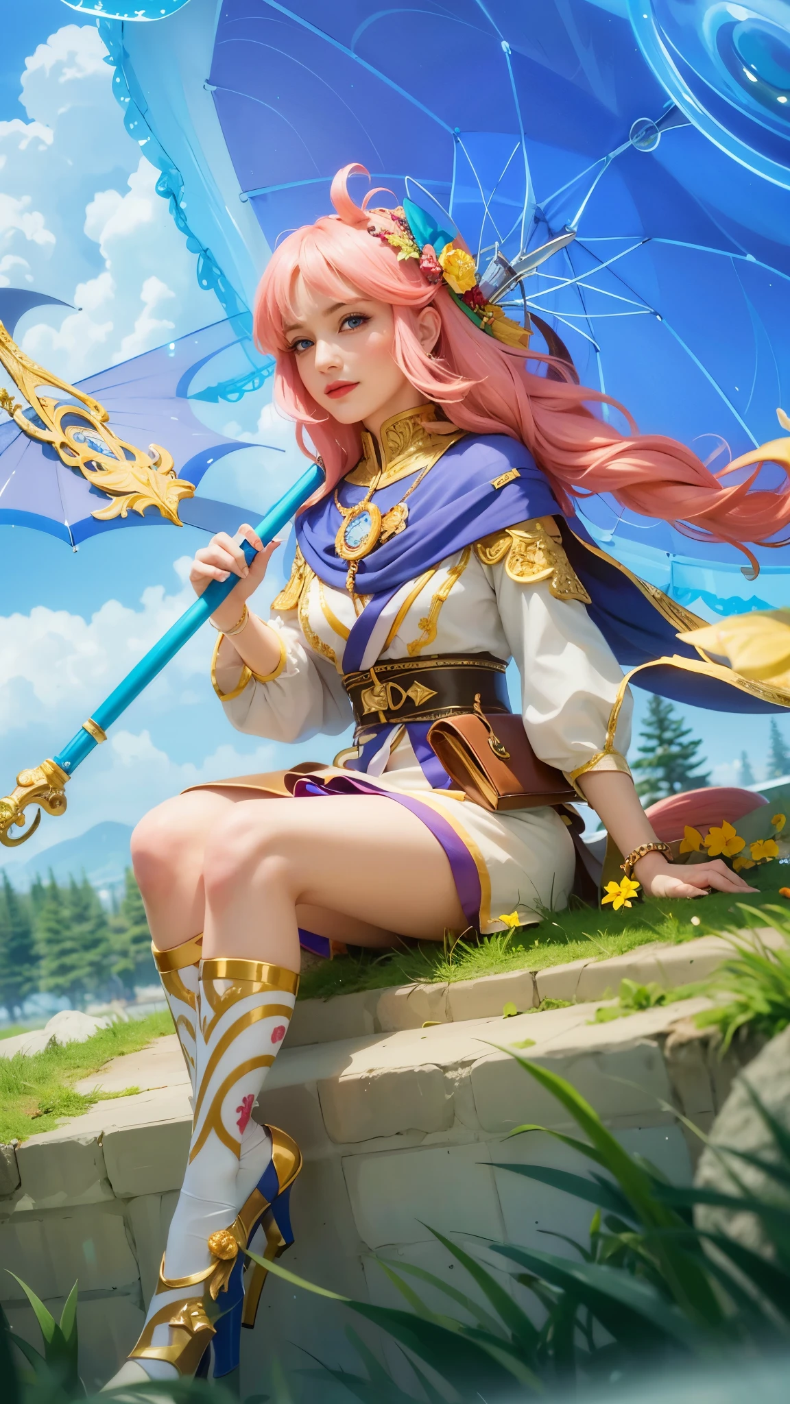 girl with pink hair holding a umbrella, red lips glossy, 8k, ultra hd, ultra detailed texture, hyper realistic, masterpiece, detailed texture, detailed face, detailed skin, detailed lighting, (photorealistic:1.5), best quality, beautiful lighting, cinematic lighting, professional lighting, ultra highres, realistic, detailed hair, real hair, high quality, (realskin:1.5), extremely detailed, finely detail, ultra-detailed, smile, blue eyes