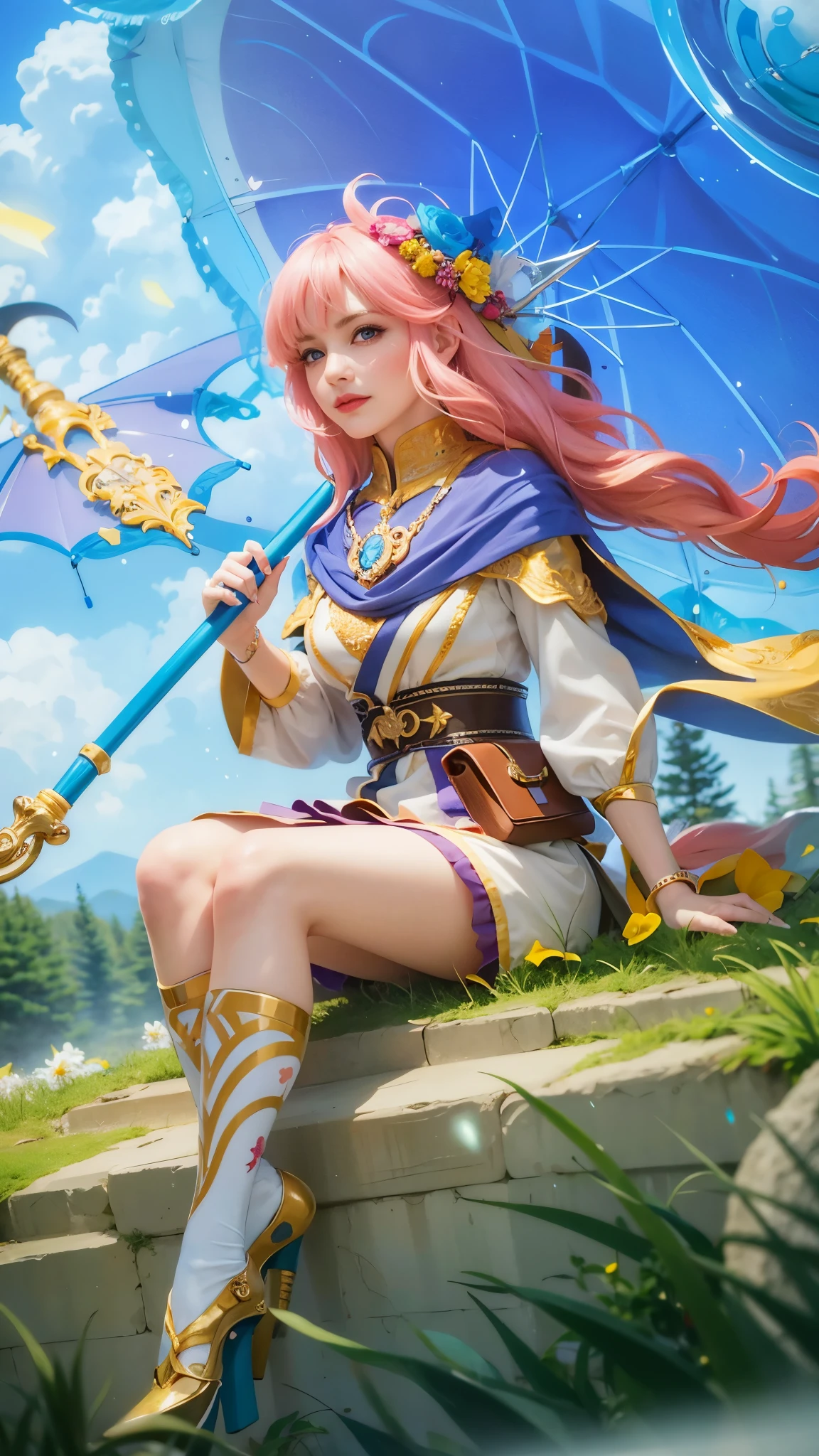 girl with pink hair holding a umbrella, red lips glossy, 8k, ultra hd, ultra detailed texture, hyper realistic, masterpiece, detailed texture, detailed face, detailed skin, detailed lighting, (photorealistic:1.5), best quality, beautiful lighting, cinematic lighting, professional lighting, ultra highres, realistic, detailed hair, real hair, high quality, (realskin:1.5), extremely detailed, finely detail, ultra-detailed, smile, blue eyes