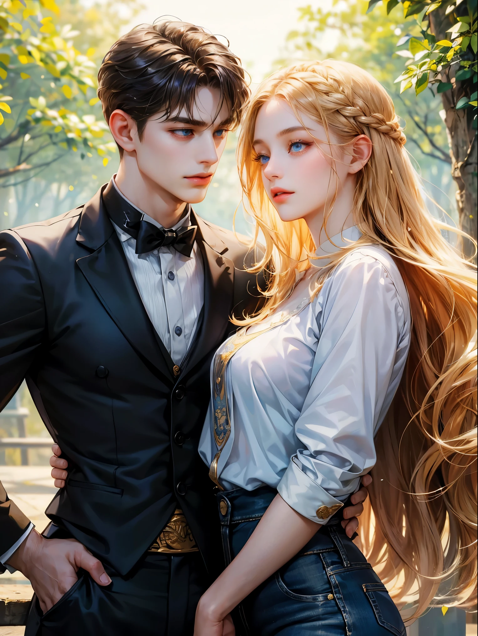 Couple, 1 girl 1 boy, different hair color, height different. The boy has short blonde hair, wavy hair. Sky blue eyes. He wears white shirt with black vest and black pants. The girl has medium copper colored hair, wavy hair, small breast, no bangs and violet eyes. She wears a violet shirt with long jeans, beautiful girl, detailed eyes, detailed face, detailed hands. they look into each other's eyes, they hug. Background a forest
