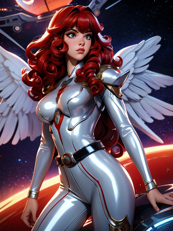 Best quality, 8K, woman space retro futurism, beautiful and detailed face, red curly long hair, bangs,big eyelashes,big angel wings,LOOKING TO observer, shiny silver armour over TAN bodystocking, black belt,sci-fi RETRO SPACESHIP scenario